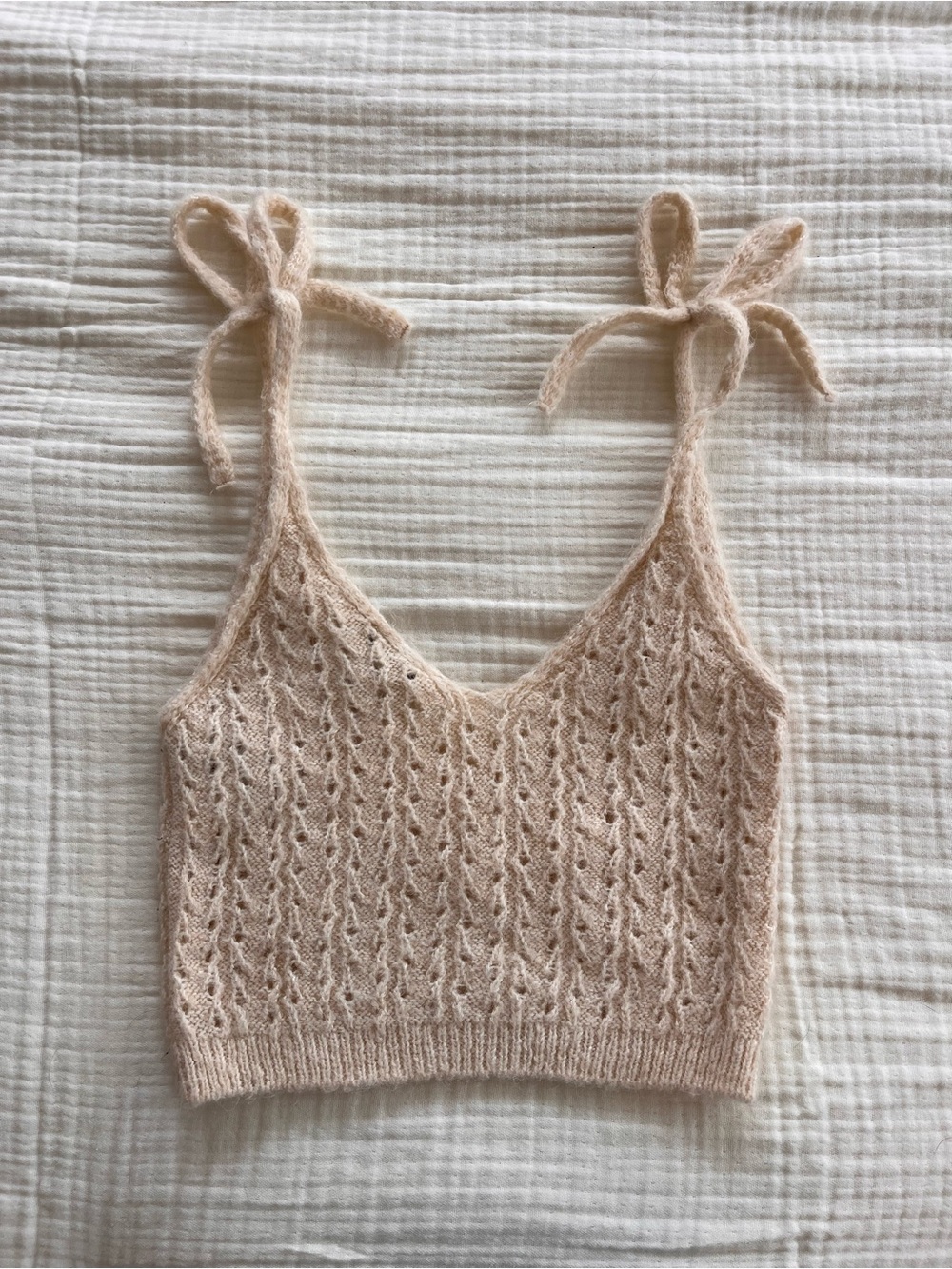 Topshop Soft Tie strap Open-Knit Crop Top in Nude - Picture 2 of 3